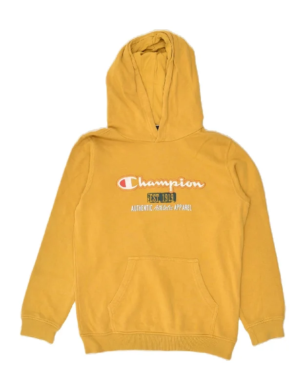 men's workout sweatshirt hoodies -CHAMPION Boys Authentic Graphic Hoodie Jumper 11-12 Years Yellow Cotton