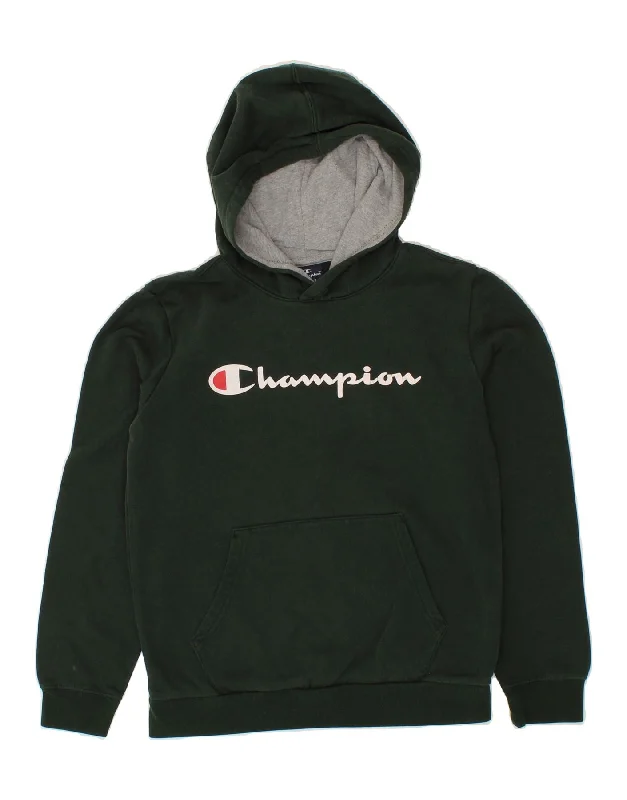 men's zip-up hoodies for winter -CHAMPION Boys Graphic Hoodie Jumper 11-12 Years Large  Green Cotton