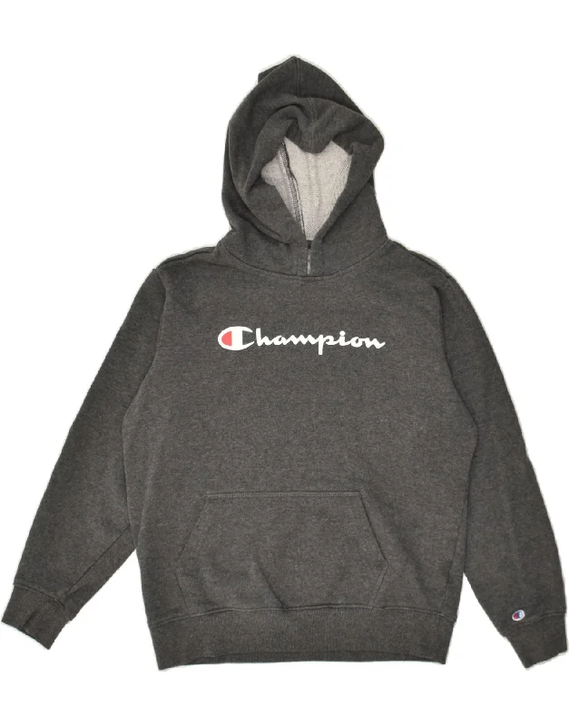 men's long sleeve hoodies -CHAMPION Boys Graphic Hoodie Jumper 11-12 Years Large Grey Cotton