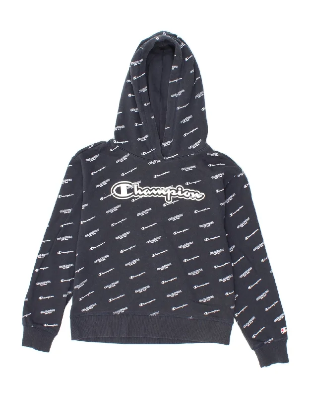 men's hoodie for hiking -CHAMPION Boys Graphic Hoodie Jumper 11-12 Years Large Navy Blue Spotted