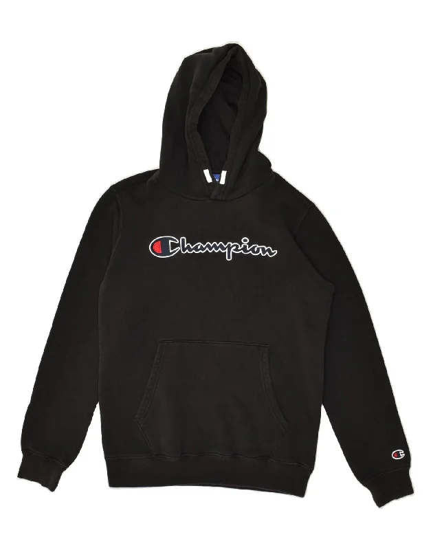 men's casual sweatshirts -CHAMPION Boys Graphic Hoodie Jumper 13-14 Years XL Black Cotton