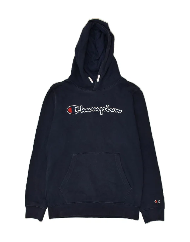 men's printed hoodies -CHAMPION Boys Graphic Hoodie Jumper 13-14 Years XL Navy Blue Cotton