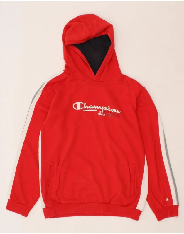 men's hoodie with creative prints -CHAMPION Boys Graphic Hoodie Jumper 13-14 Years XL  Red Colourblock Cotton