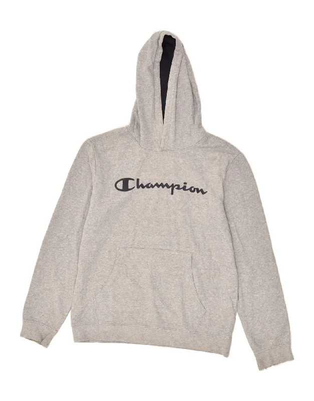 men's printed fleece sweatshirts -CHAMPION Boys Graphic Hoodie Jumper 15-16 Years 2XL Grey Cotton