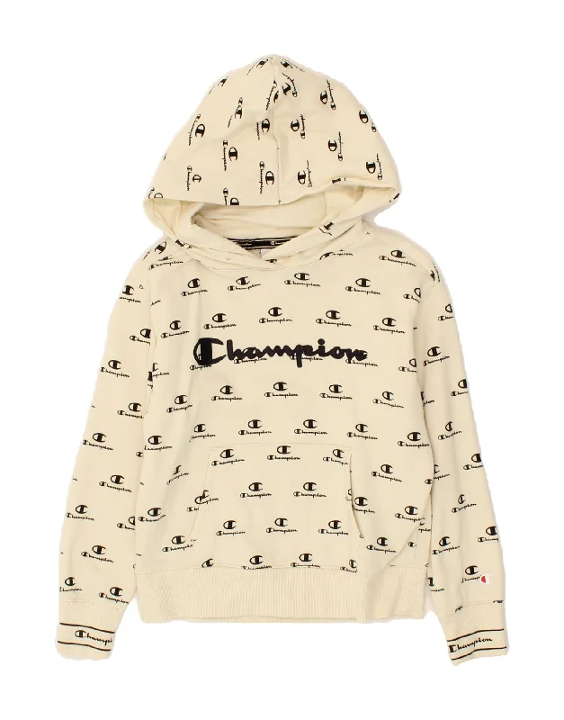 men's casual sweatshirts -CHAMPION Boys Graphic Hoodie Jumper 7-8 Years Small Off White Cotton