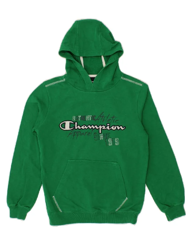 men's hoodie sweatshirt with hoods -CHAMPION Boys Graphic Hoodie Jumper 9-10 Years Medium Green Cotton