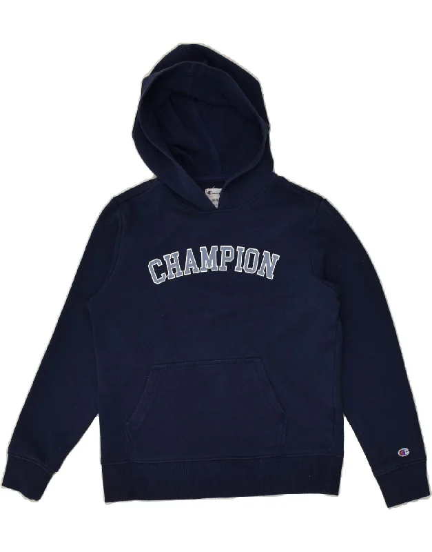 men's trendy zip-up sweatshirts -CHAMPION Boys Graphic Hoodie Jumper 9-10 Years Medium  Navy Blue Cotton