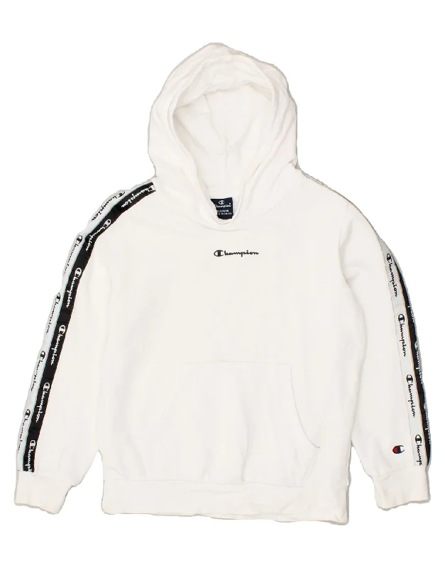 men's hoodie with zippered pockets -CHAMPION Boys Graphic Hoodie Jumper 9-10 Years Medium White Cotton