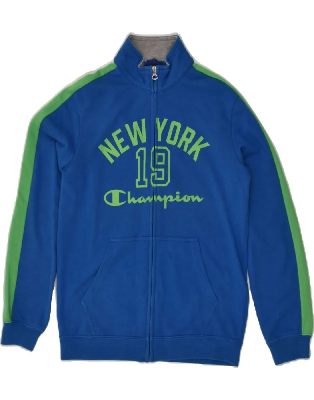 men's stylish leather bomber jackets -CHAMPION Boys Graphic Tracksuit Top Jacket 11-12 Years Large Blue Cotton