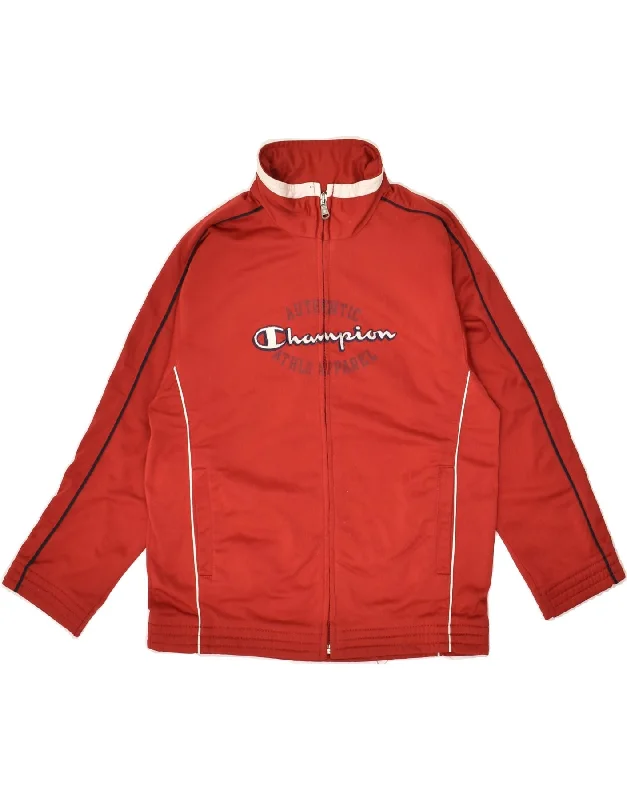 men's jacket with hoodie -CHAMPION Boys Graphic Tracksuit Top Jacket 7-8 Years Small  Red Polyester