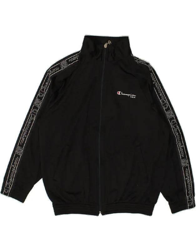 men's performance jackets -CHAMPION Boys Graphic Tracksuit Top Jacket 9-10 Years Medium Black