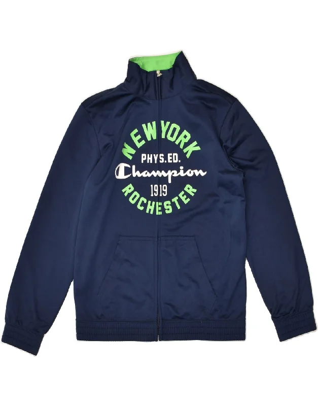 men's sports jackets for work -CHAMPION Boys Graphic Tracksuit Top Jacket 9-10 Years Medium Navy Blue