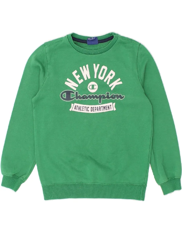 men's hoodie with bold prints -CHAMPION Boys New York Graphic Hoodie Jumper 9-10 Years Medium Green