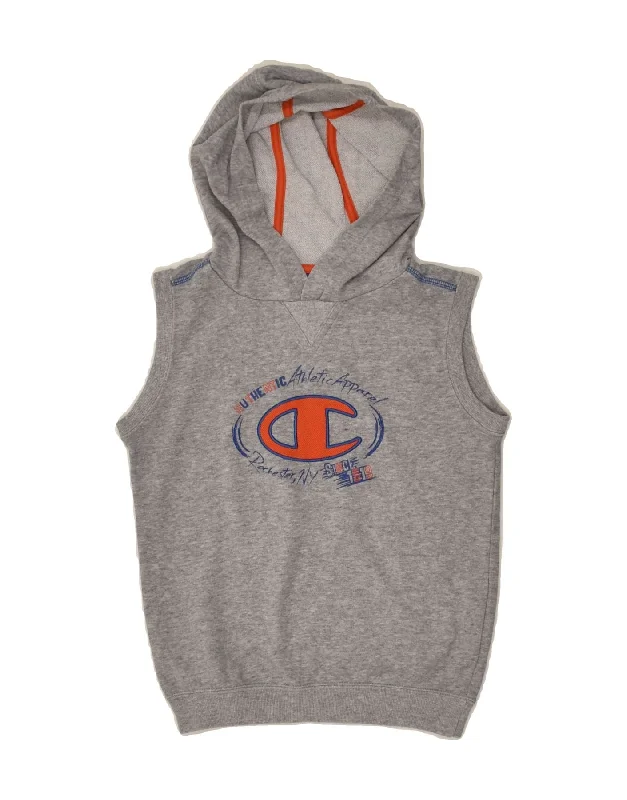 men's hoodies with logos -CHAMPION Boys Sleeveless Graphic Hoodie Jumper 5-6 Years XS Grey Cotton