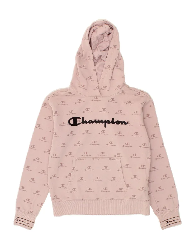 men's hoodie with high collar -CHAMPION Girls Graphic Hoodie Jumper 11-12 Years Large Pink Cotton