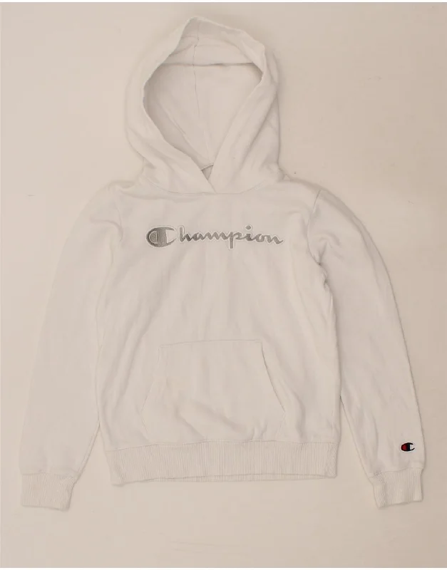 men's hoodie for cold weather -CHAMPION Girls Graphic Hoodie Jumper 11-12 Years Large White Cotton