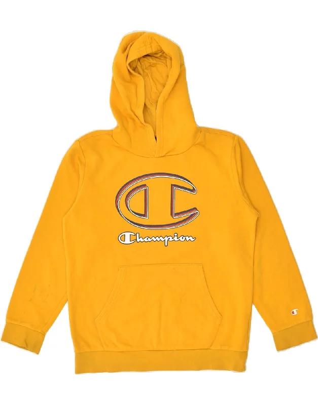 men's hoodie with high collar -CHAMPION Girls Graphic Hoodie Jumper 11-12 Years Large Yellow Cotton