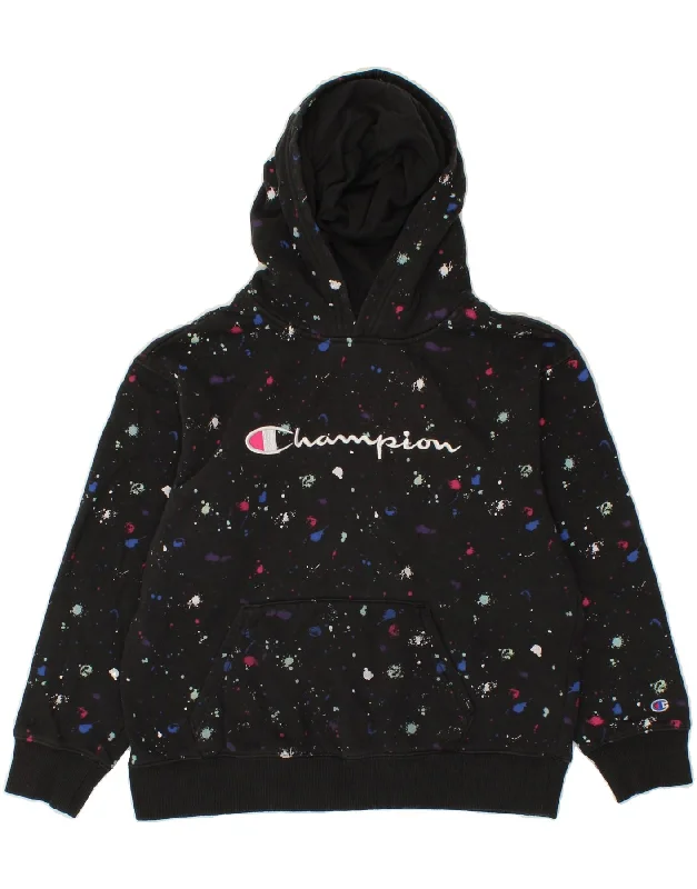 men's eco-friendly sweatshirt hoodies -CHAMPION Girls Graphic Hoodie Jumper 13-14 Years XL Black Spotted Cotton