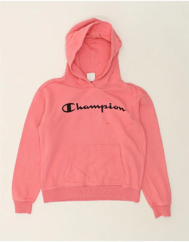 men's zip-up hoodie for hiking -CHAMPION Girls Graphic Hoodie Jumper 13-14 Years XL Pink