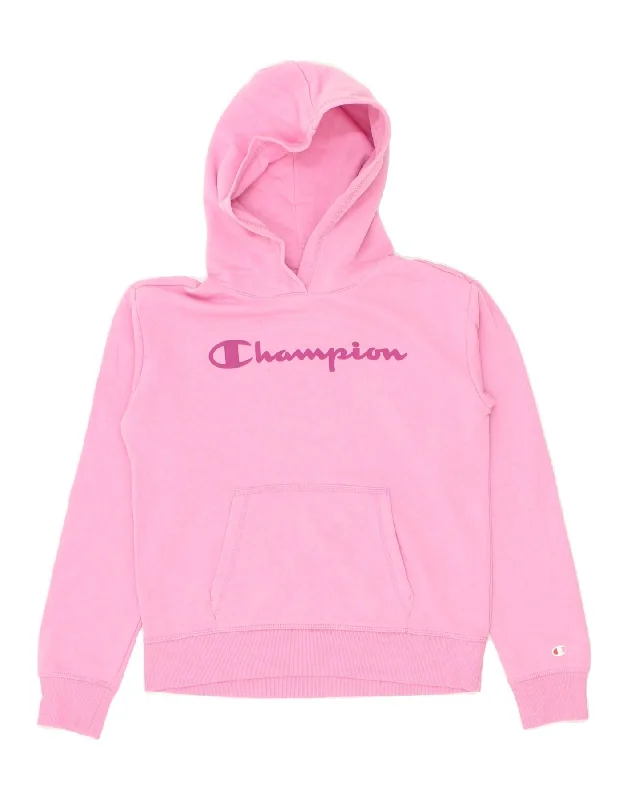 men's hoodie for hiking -CHAMPION Girls Graphic Hoodie Jumper 13-14 Years XL  Pink Cotton