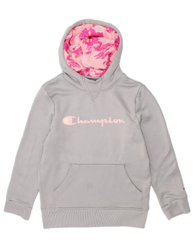 men's graphic print hoodies -CHAMPION Girls Graphic Hoodie Jumper 5-6 Years Grey Polyester