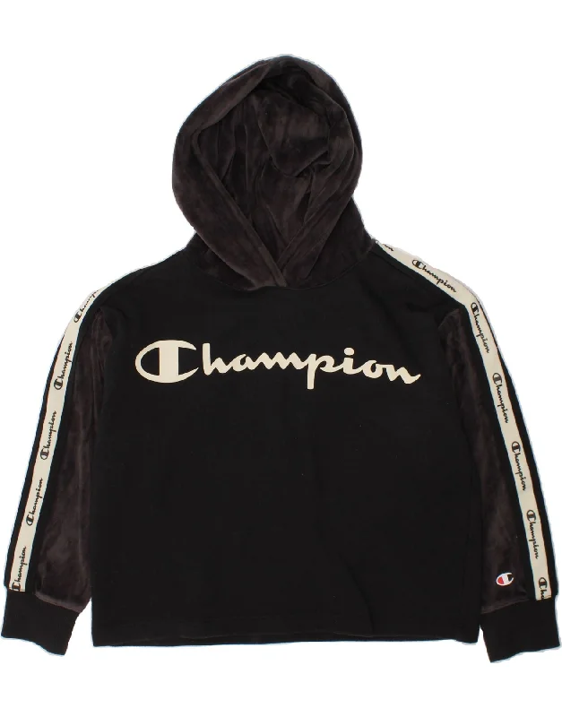 men's cozy hoodies -CHAMPION Girls Graphic Hoodie Jumper 7-8 Years Small Black Colourblock