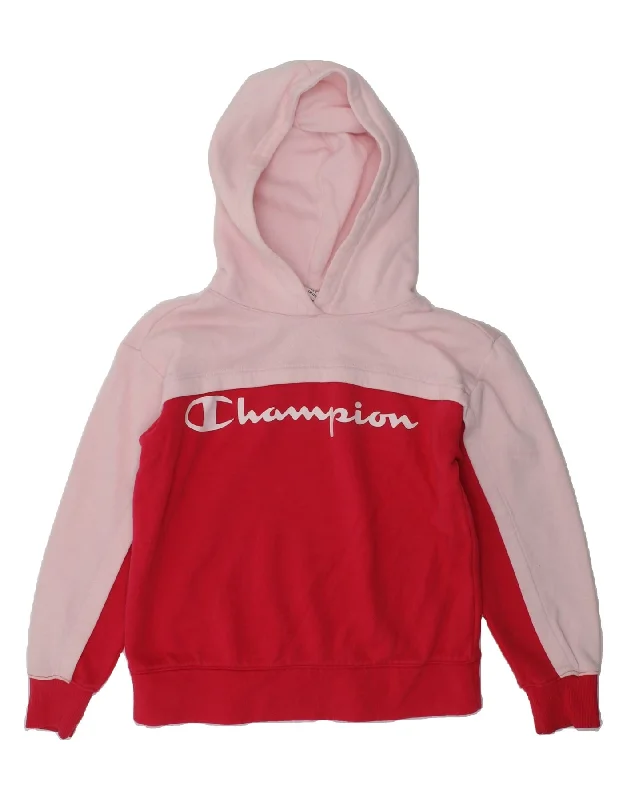 men's stylish pullover sweatshirts -CHAMPION Girls Graphic Hoodie Jumper 7-8 Years Small Red Colourblock