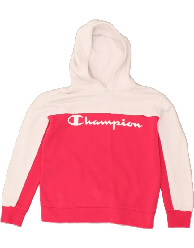 men's hoodie for running -CHAMPION Girls Graphic Hoodie Jumper 9-10 Years Medium  Pink Colourblock