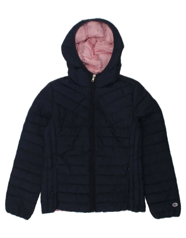 men's rugged jackets -CHAMPION Girls Hooded Padded Jacket 9-10 Years Medium Navy Blue Polyester