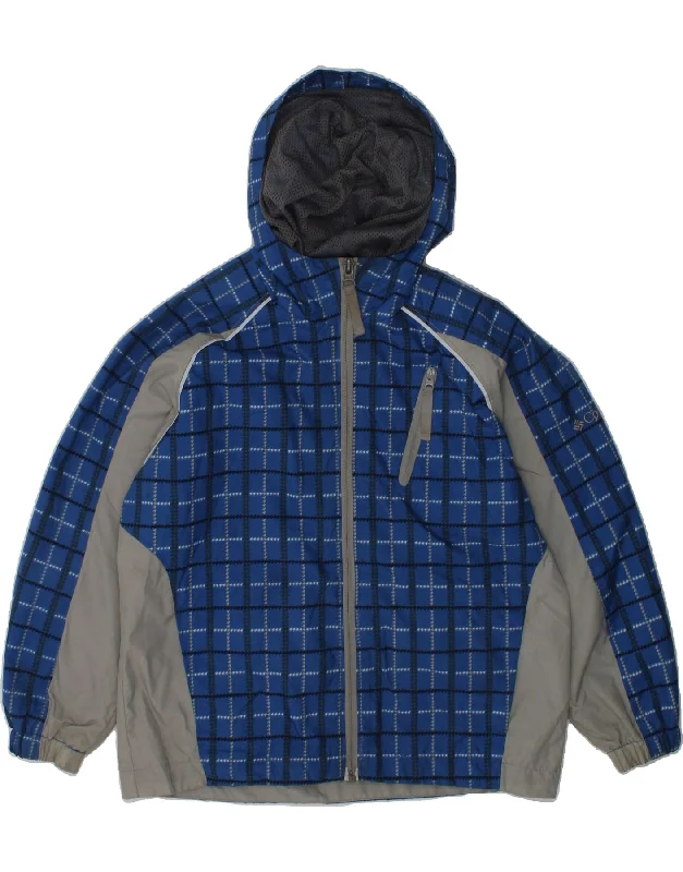 men's jacket with hoodie -COLUMBIA Boys Hooded Rain Jacket 6-7 Years Blue Check Nylon