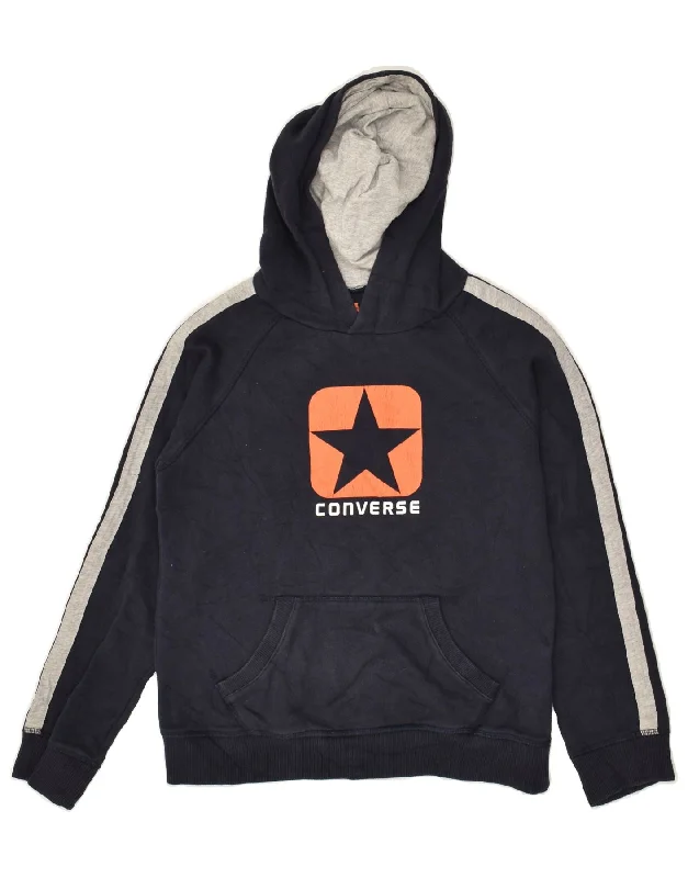 men's printed fleece sweatshirts -CONVERSE Boys Graphic Hoodie Jumper 11-12 Years Navy Blue Cotton