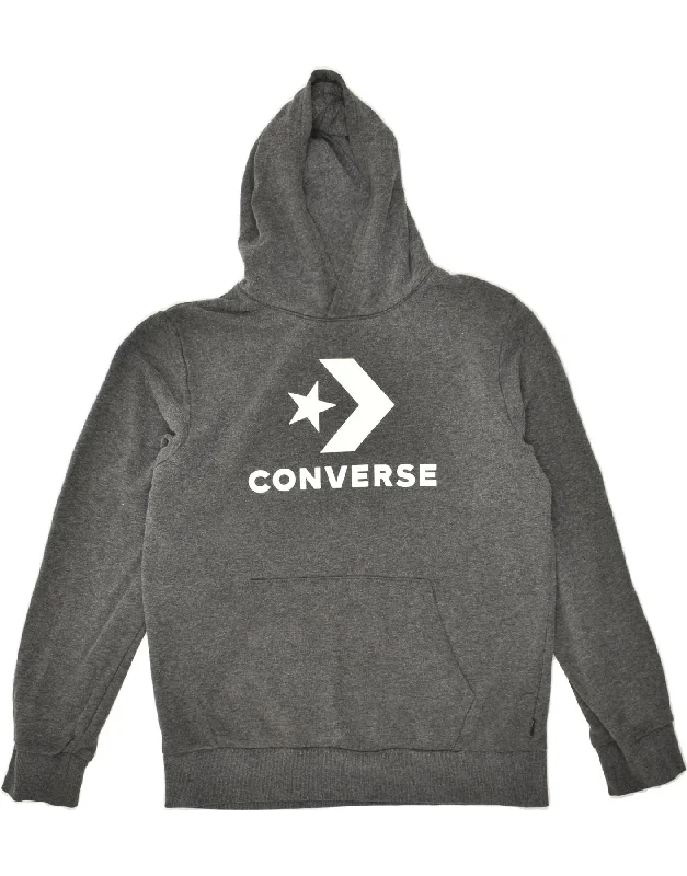 men's trendy hoodies -CONVERSE Boys Graphic Hoodie Jumper 13-14 Years XL Grey Cotton