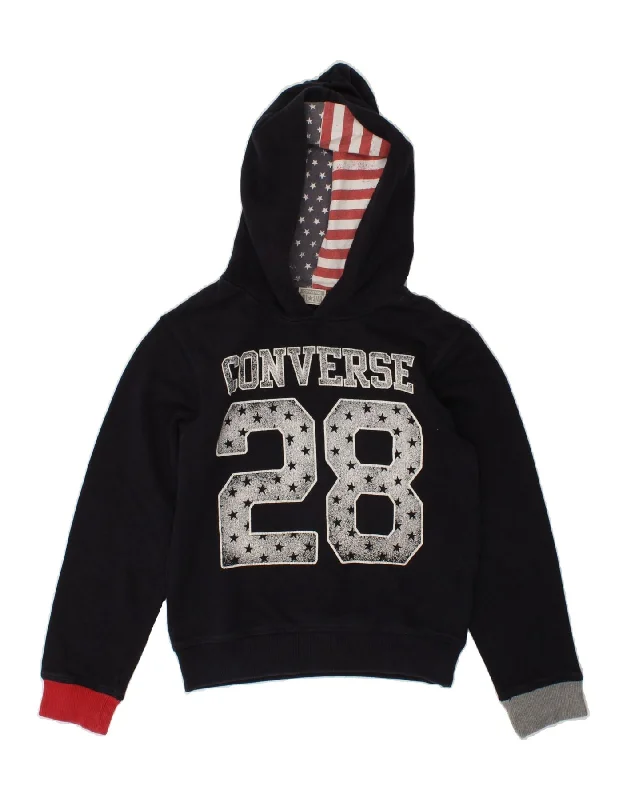 men's long sleeve hoodie -CONVERSE Boys Graphic Hoodie Jumper 9-10 Years Navy Blue Cotton