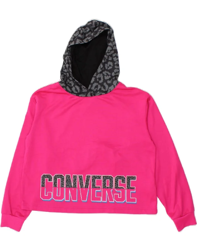 men's streetwear hoodies -CONVERSE Girls Crop Graphic Hoodie Jumper 13-14 Years XL Pink Polyester