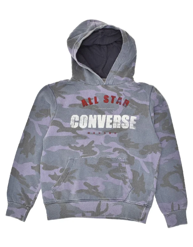 men's casual hoodies with stripes -CONVERSE Girls Graphic Hoodie Jumper 13-14 Years Grey Camouflage Cotton