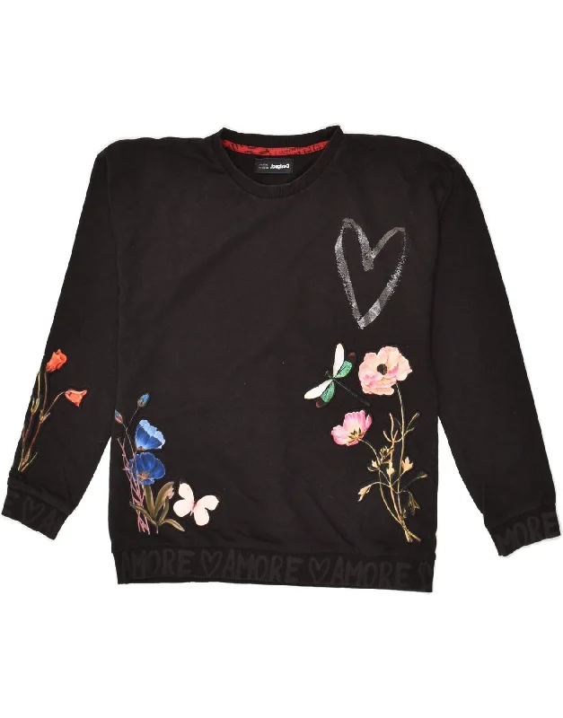 men's hoodie for chilly evenings -DESIGUAL Girls Graphic Sweatshirt Jumper 11-12 Years Black Cotton