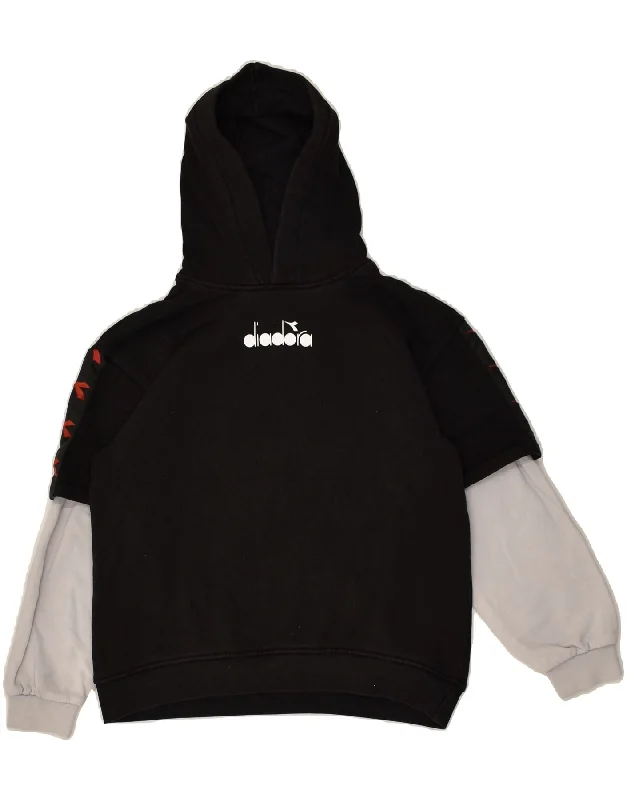 men's cozy hoodies -DIADORA Boys Graphic Hoodie Jumper 11-12 Years Black Colourblock Cotton