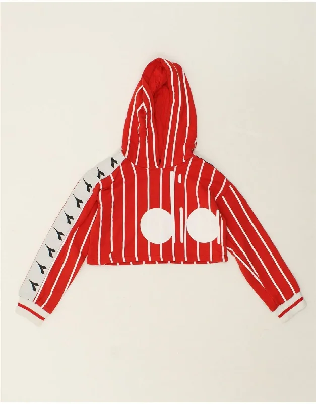 men's trendy oversized hoodies -DIADORA Girls Graphic Crop Hoodie Jumper 7-8 Years Red Striped