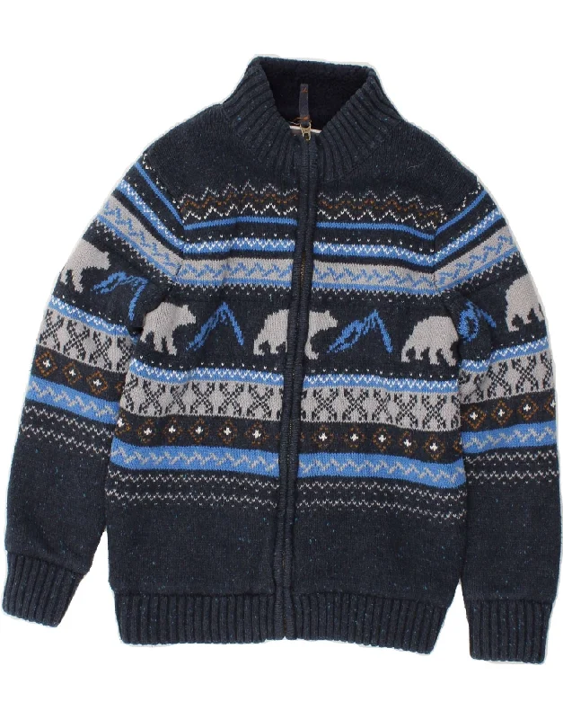 men's softshell jackets -FAT FACE Boys Knit Sherpa Jacket 8-9 Years Navy Blue Fair Isle Cotton