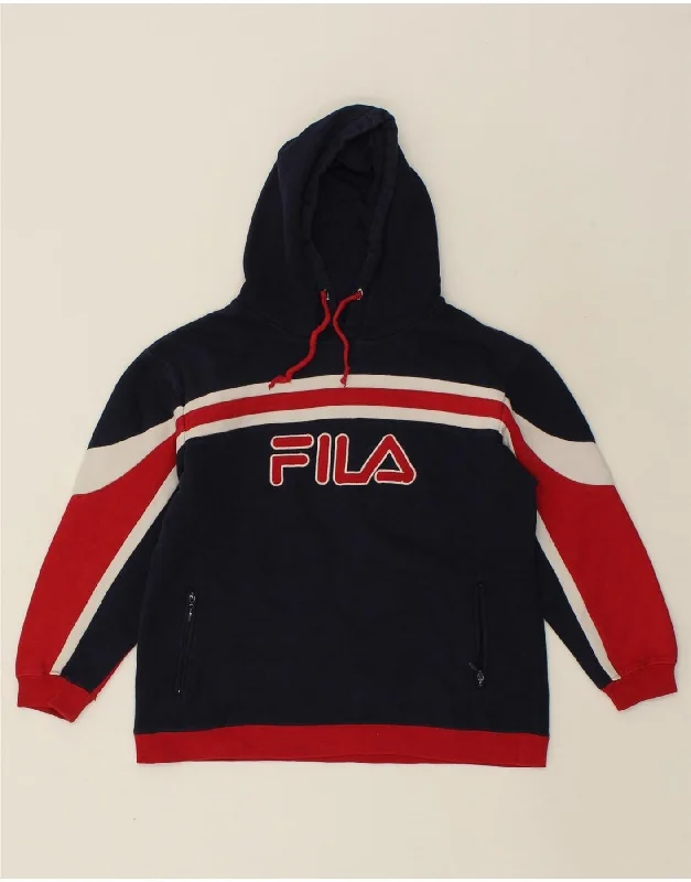 men's stylish fleece hoodies -FILA Boys Graphic Hoodie Jumper 13-14 Years XL Navy Blue Colourblock