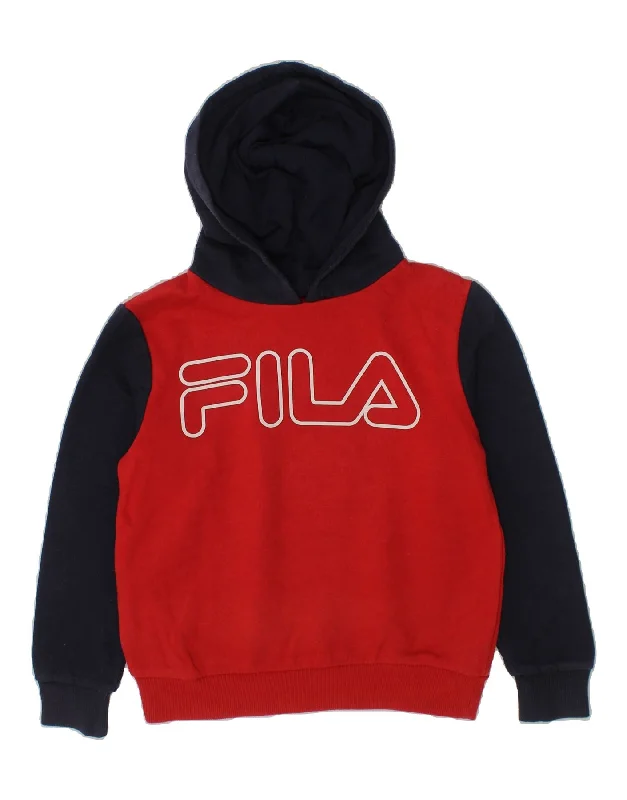 men's oversized sweatshirt hoodies -FILA Boys Graphic Hoodie Jumper 3-4 Years Red Colourblock Cotton