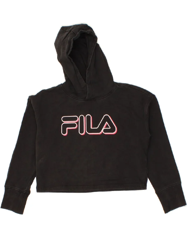 men's workout sweatshirts -FILA Girls Crop Graphic Hoodie Jumper 9-10 Years Black Cotton