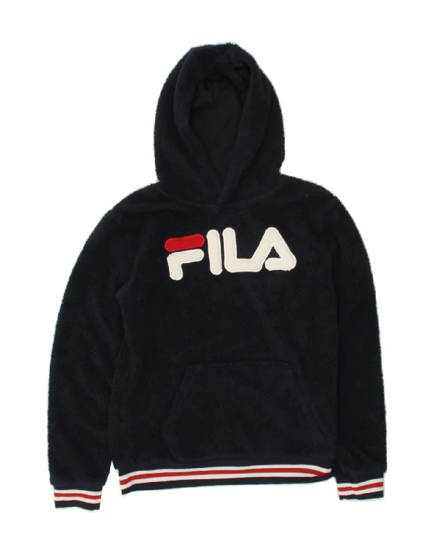 men's comfortable pullover sweatshirts -FILA Girls Fleece Graphic Hoodie Jumper 15-16 Years XL  Navy Blue