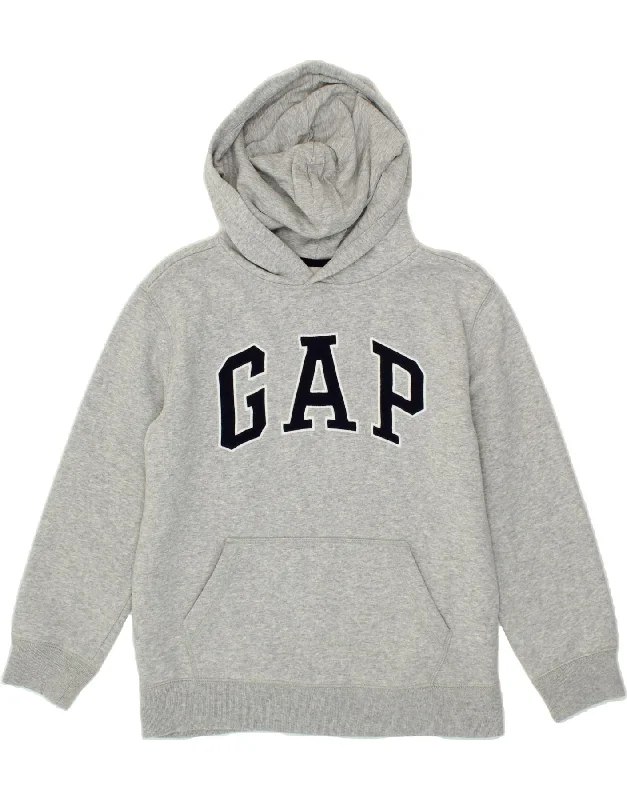 men's trendy zip-up sweatshirts -GAP Boys Graphic Hoodie Jumper 11-12 Years Large Grey Cotton