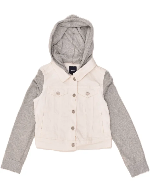 men's zip-up jackets -GAP Girls Hooded Denim Jacket 10-11 Years Grey Colourblock Cotton