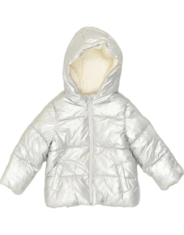 men's thick warm jackets -GAP Girls Sherpa Hooded Padded Jacket 3-4 Years Silver Polyester