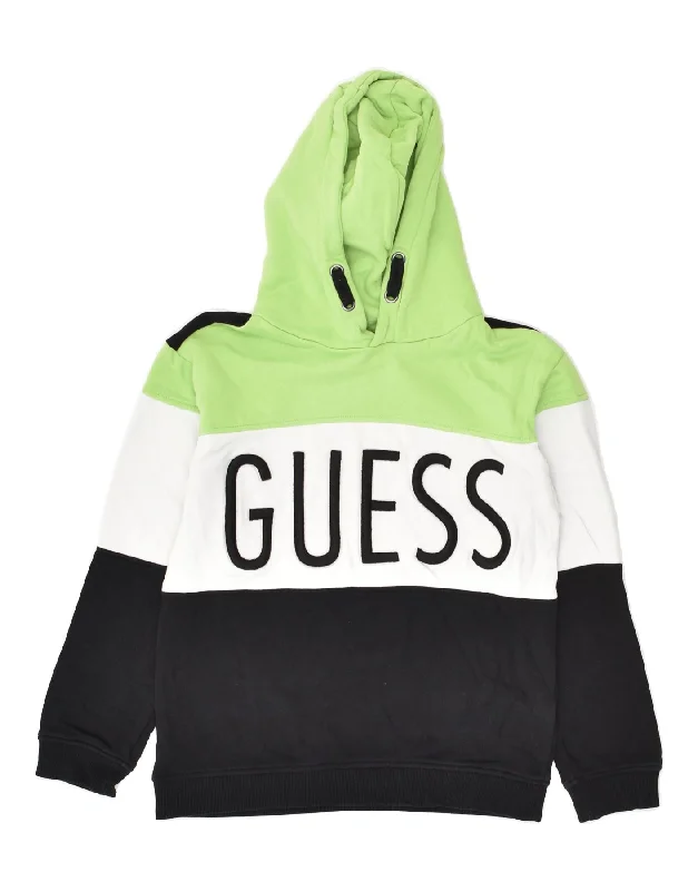 men's hoodie sweatshirt for weekend -GUESS Boys Graphic Hoodie Jumper 11-12 Years Green Colourblock Cotton