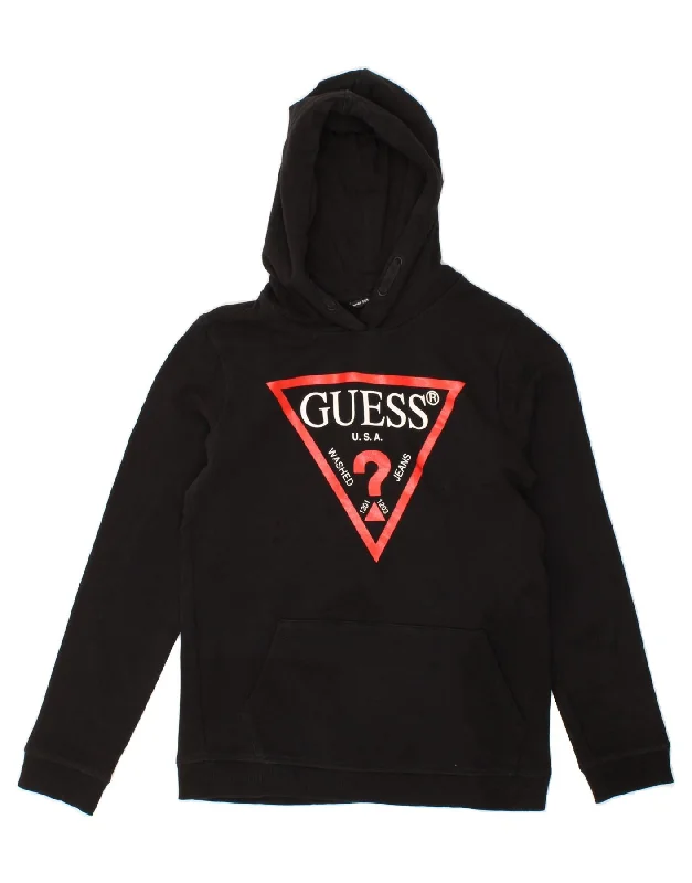 men's hoodie for daily wear -GUESS Girls Graphic Hoodie Jumper 13-14 Years Black Cotton