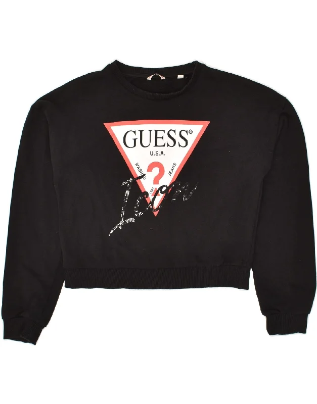 men's soft cotton hoodies -GUESS Girls Graphic Sweatshirt Jumper 13-14 Years Black Cotton