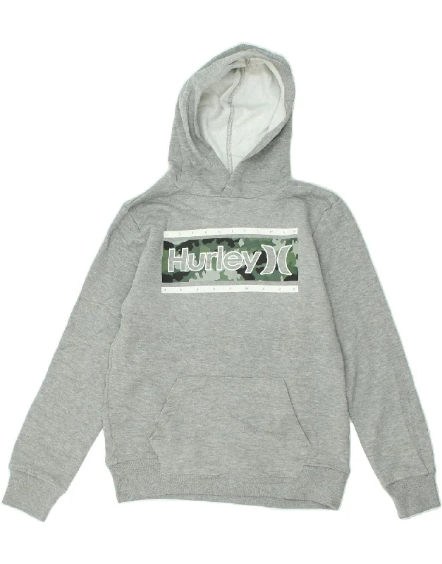 men's pullover hoodies -HURLEY Boys Graphic Hoodie Jumper 12-13 Years Large Grey Cotton